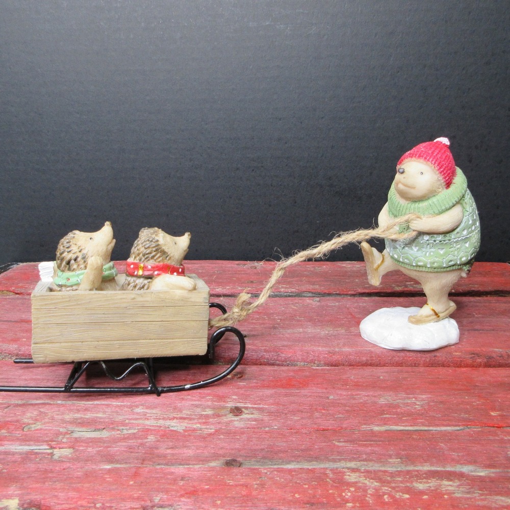 Charming Hedgehog Winter Sleigh Ride Figurine Set Christmas Holiday Decor NEW